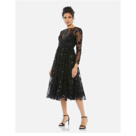 MAC DUGGAL EMBELLISHED ILLUSION LONG SLEEVE MIDI DRESS 6 NEW
